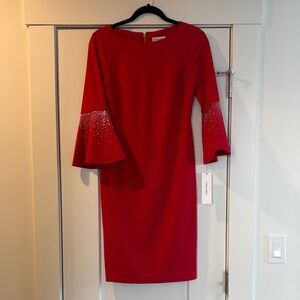 NWT - Calvin Klein Red Long Sleeve Dress with Embellished Cuffs